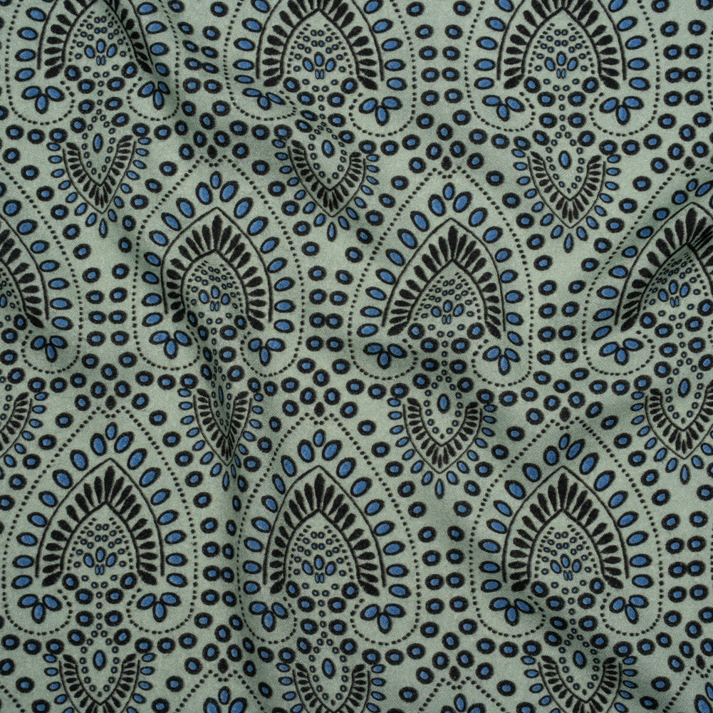 Viscose Crepe - Aqua, Blue and Black Anthemion Paisley - Mood Exclusive Gilded Garland Print