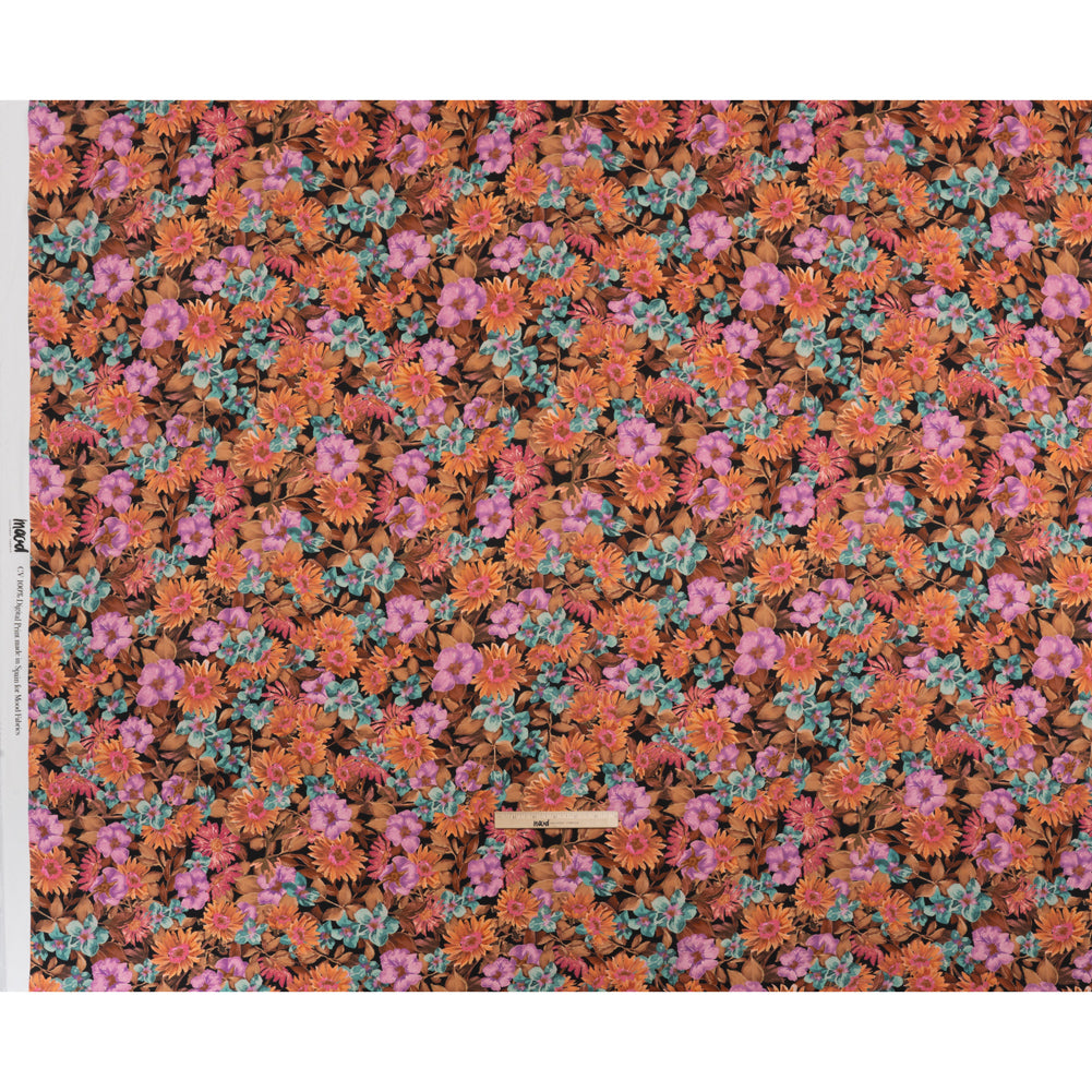 Rayon Challis - Brown, Purple and Blue Green Painted Flowers - Mood Exclusive Watercolor Wonderland Print