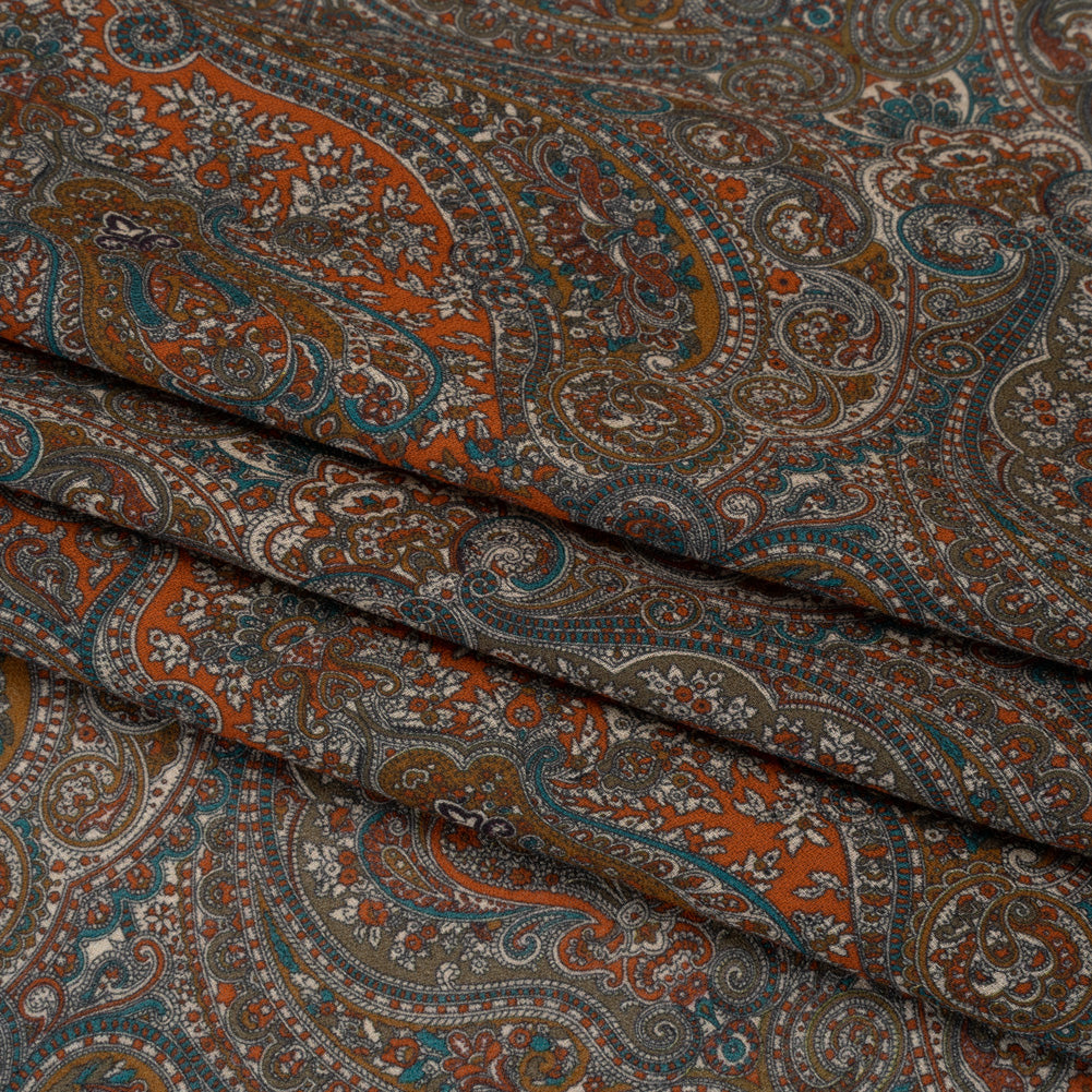 Cotton Crepe - Dark Orange, Blue and Brown Paisley - Mood Exclusive Filigree Flow Print