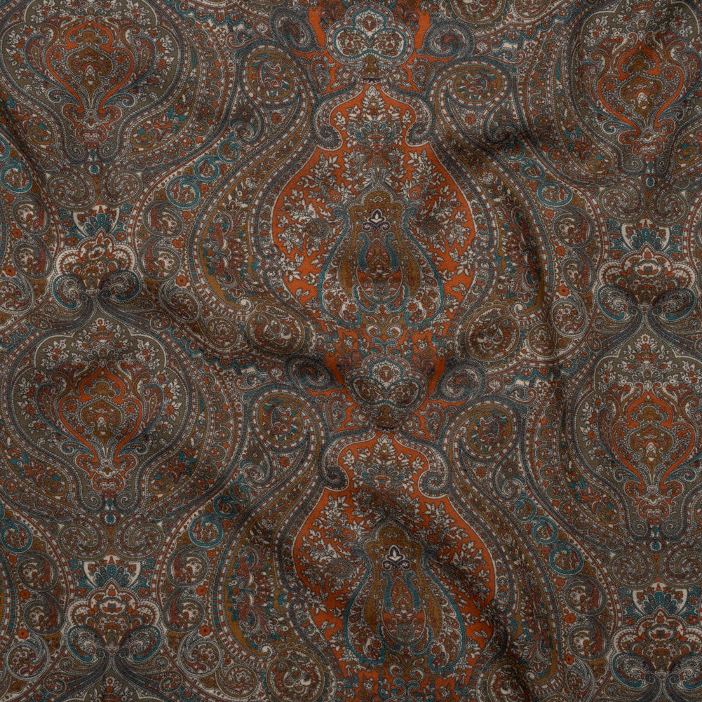 Cotton Crepe - Dark Orange, Blue and Brown Paisley - Mood Exclusive Filigree Flow Print