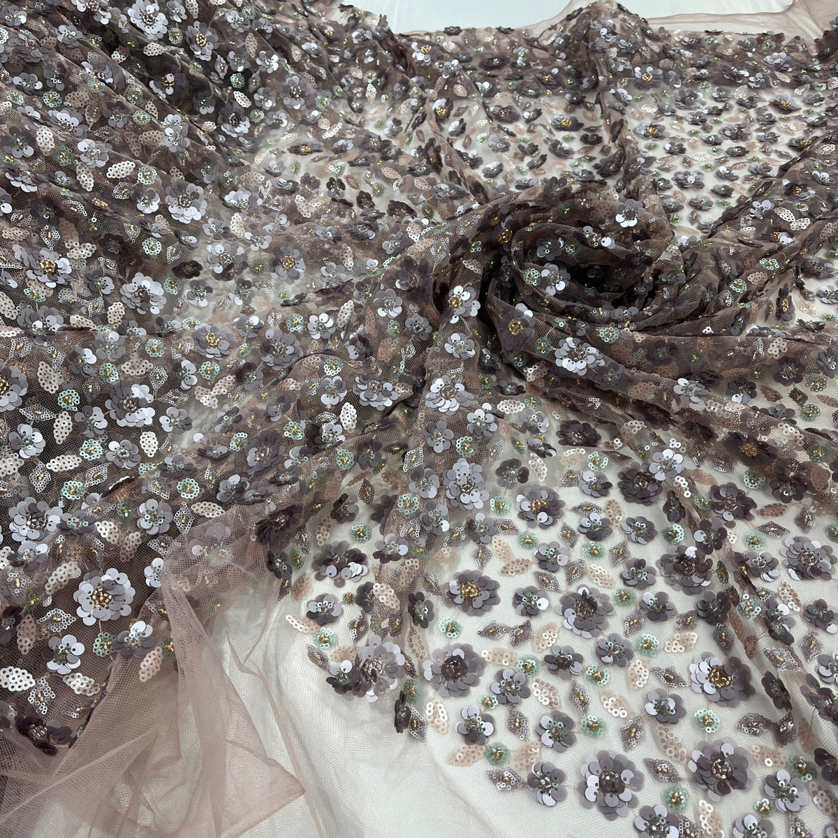 1 Yard Elegant Beaded & Corded Bridal Lace Fabric on 100% Polyester Mesh, Embroidered Floral Design