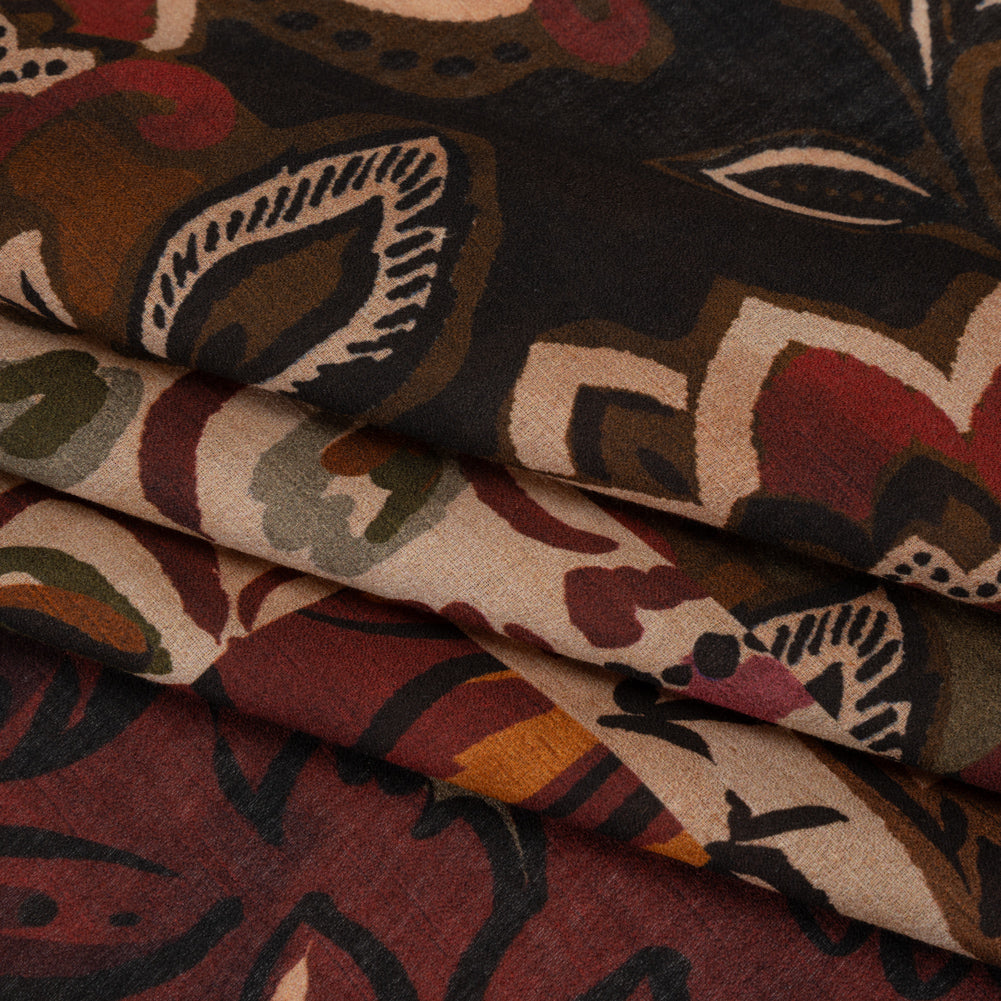Cotton Crepe - Burgundy, Burnt Orange and Beige Floral Patchwork - Mood Exclusive Bordeaux Blossoms Print
