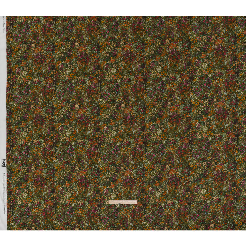Cotton Crepe - Green, Orange and Berry Purple Floral - Mood Exclusive Mossy Meadow Print