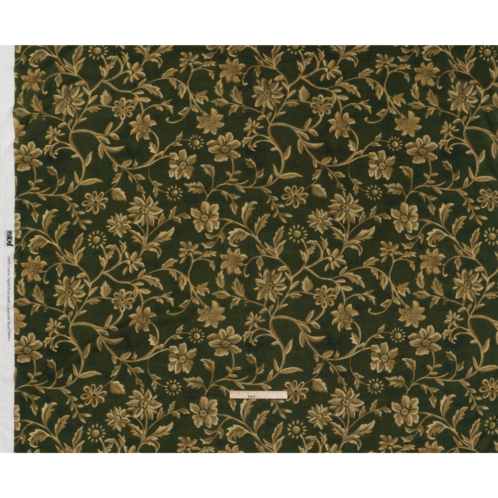 Cotton Crepe - Forest Green and Muted Gold Ornate Floral Vines - Mood Exclusive Gilded Vines Print