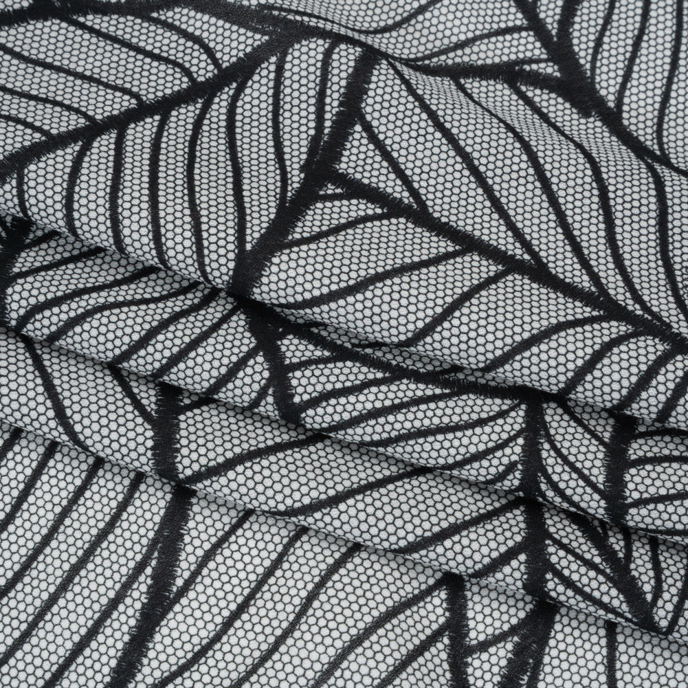 Cotton Crepe - Black and White Embroidered Net Leaves - Mood Exclusive Terrestrial Tesserae Print
