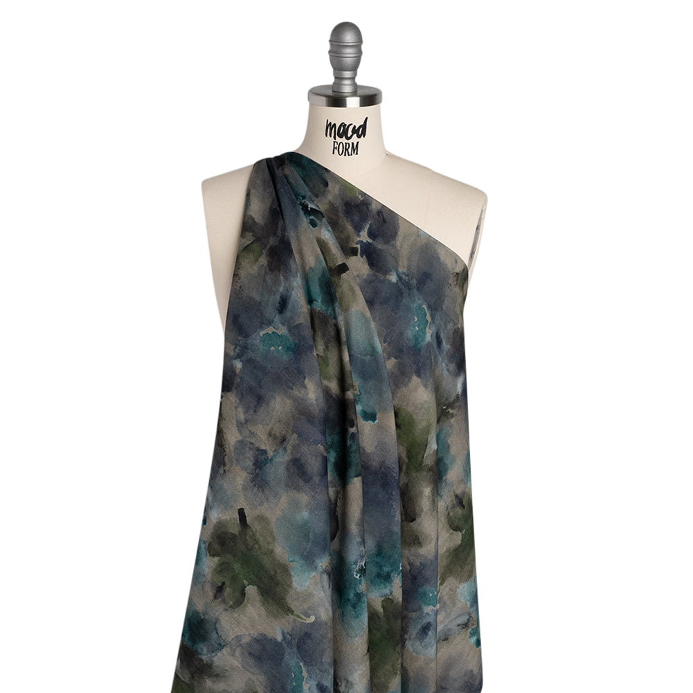 Cotton Crepe - Gray, Olive and Dark Blue Abstract Watercolor - Mood Exclusive Flowing Horizons Print