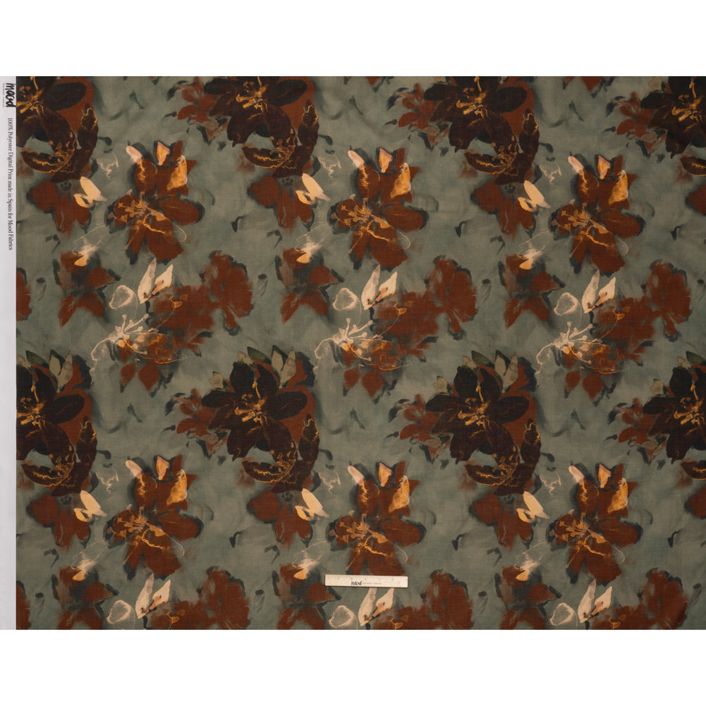 Cotton Crepe - Sage Green, Burgundy and Creamsicle Orange Painted Flowers - Mood Exclusive Lily Tranquility Print