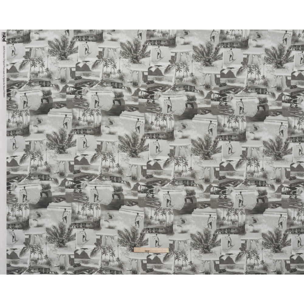 Cotton Crepe - Black, White and Gray Beach Scenes Patchwork - Mood Exclusive Seaside Snapshots Print