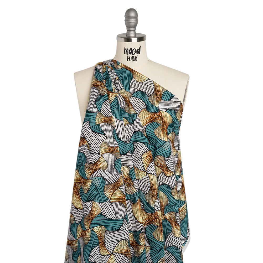 Slubbed Gauzy Cotton Woven - Blue, Brown and White Abstract - Mood Exclusive Tantric Tessellations Print