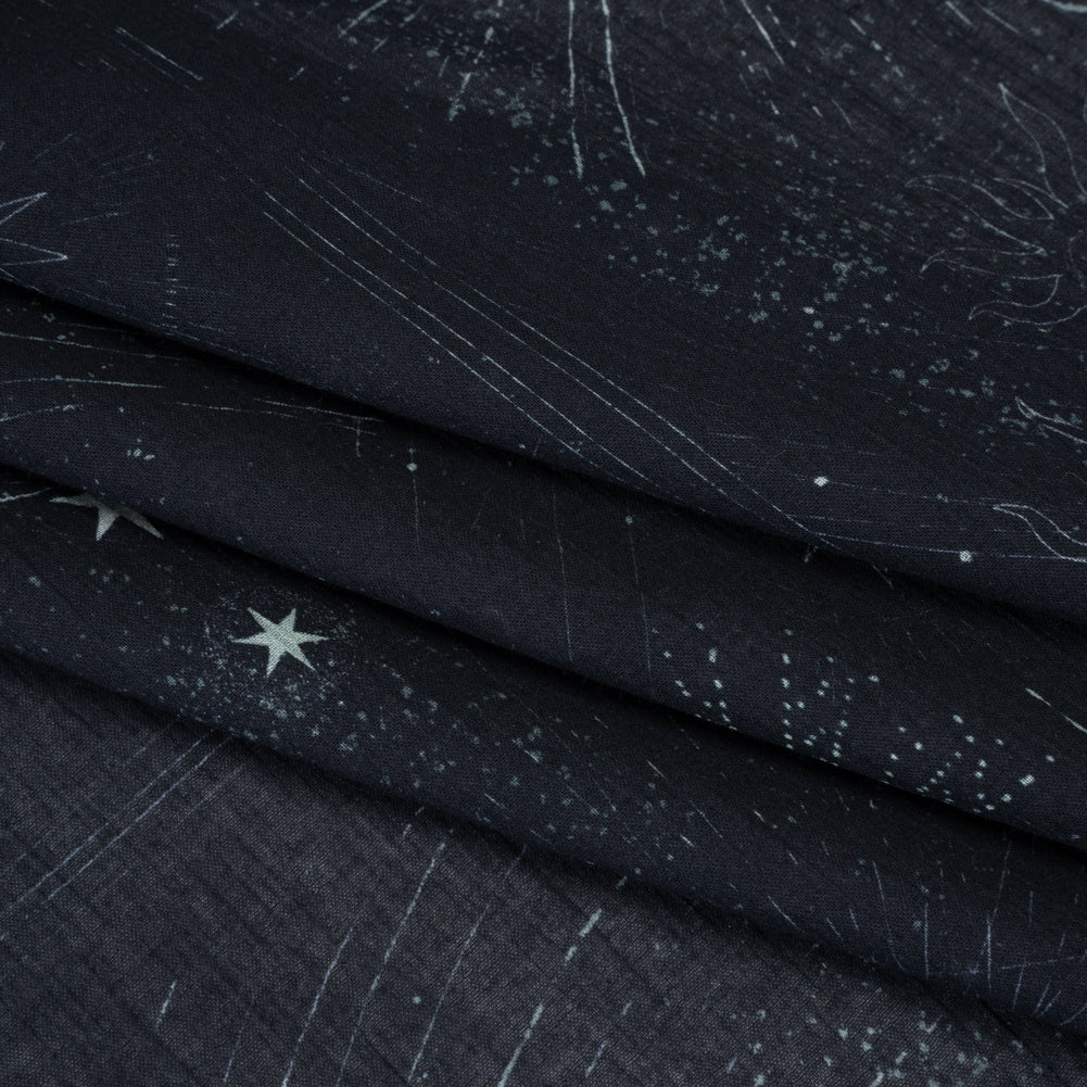 Crinkled Cotton Gauzy Woven - Midnight Blue and White Celestial Motifs - Mood Exclusive Moonlit Tides Print