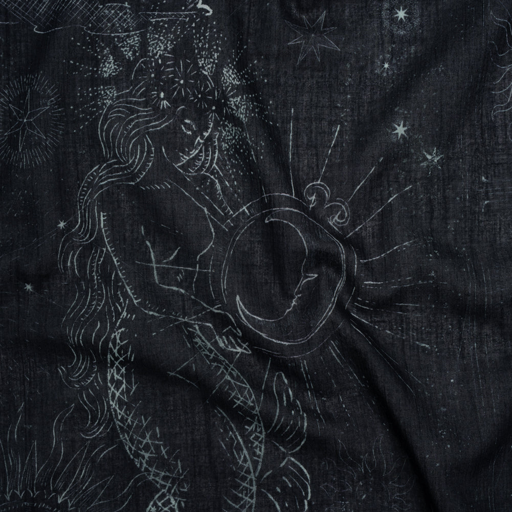 Crinkled Cotton Gauzy Woven - Midnight Blue and White Celestial Motifs - Mood Exclusive Moonlit Tides Print