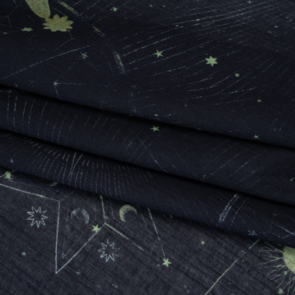 Crinkled Cotton Gauzy Woven - Navy Blue and Lime Green Celestial and Geometrics - Mood Exclusive Cosmic Cartography Print