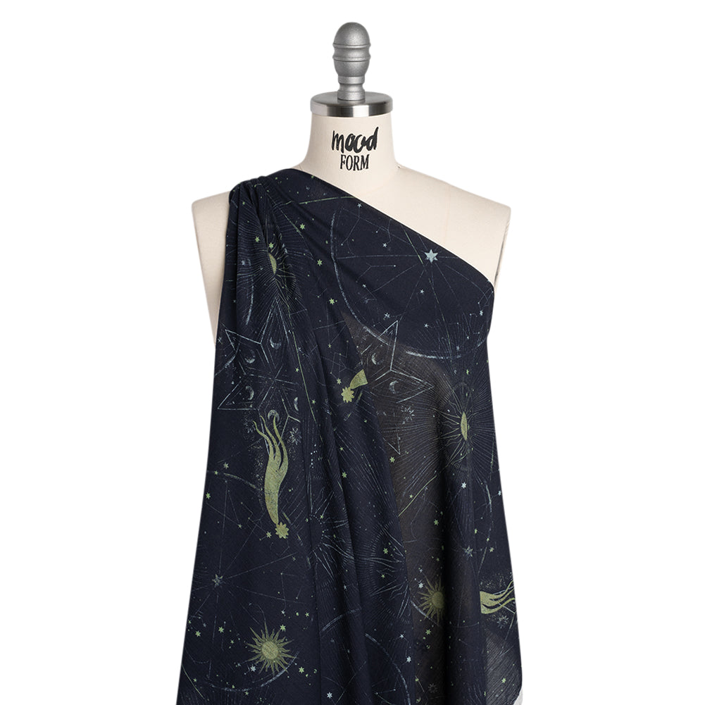 Crinkled Cotton Gauzy Woven - Navy Blue and Lime Green Celestial and Geometrics - Mood Exclusive Cosmic Cartography Print