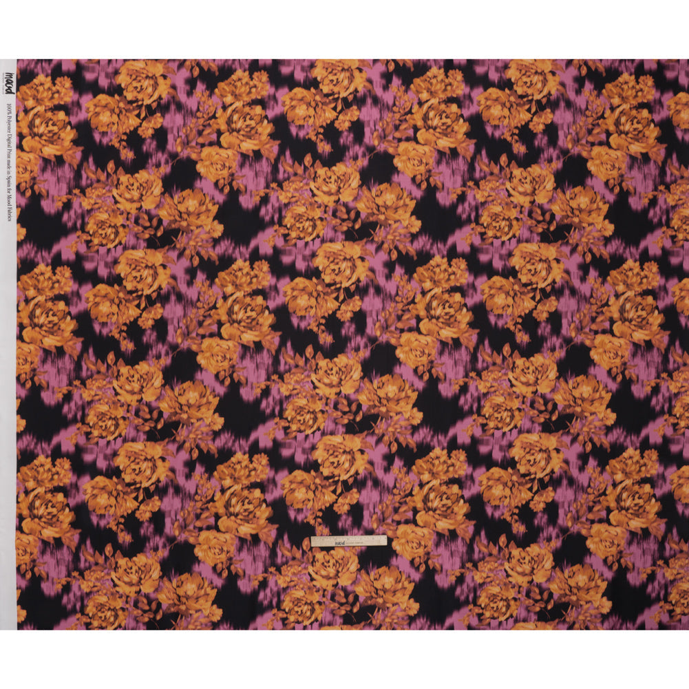 Polyester Mikado - Orange, Pink and Black Ikat Roses - Mood Exclusive Echoed Illusions Print