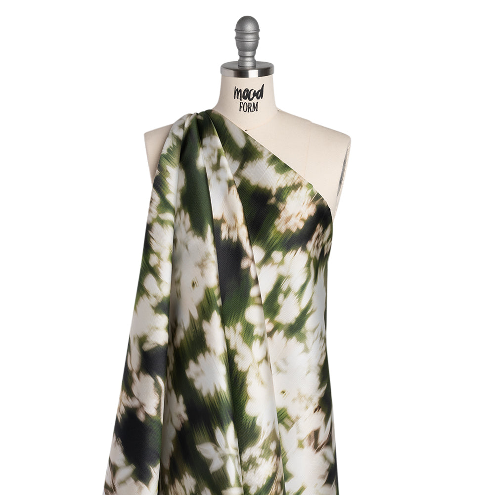 Polyester Mikado - Green and White Ikat Floral Silhouettes - Mood Exclusive Glowscape Garden Print