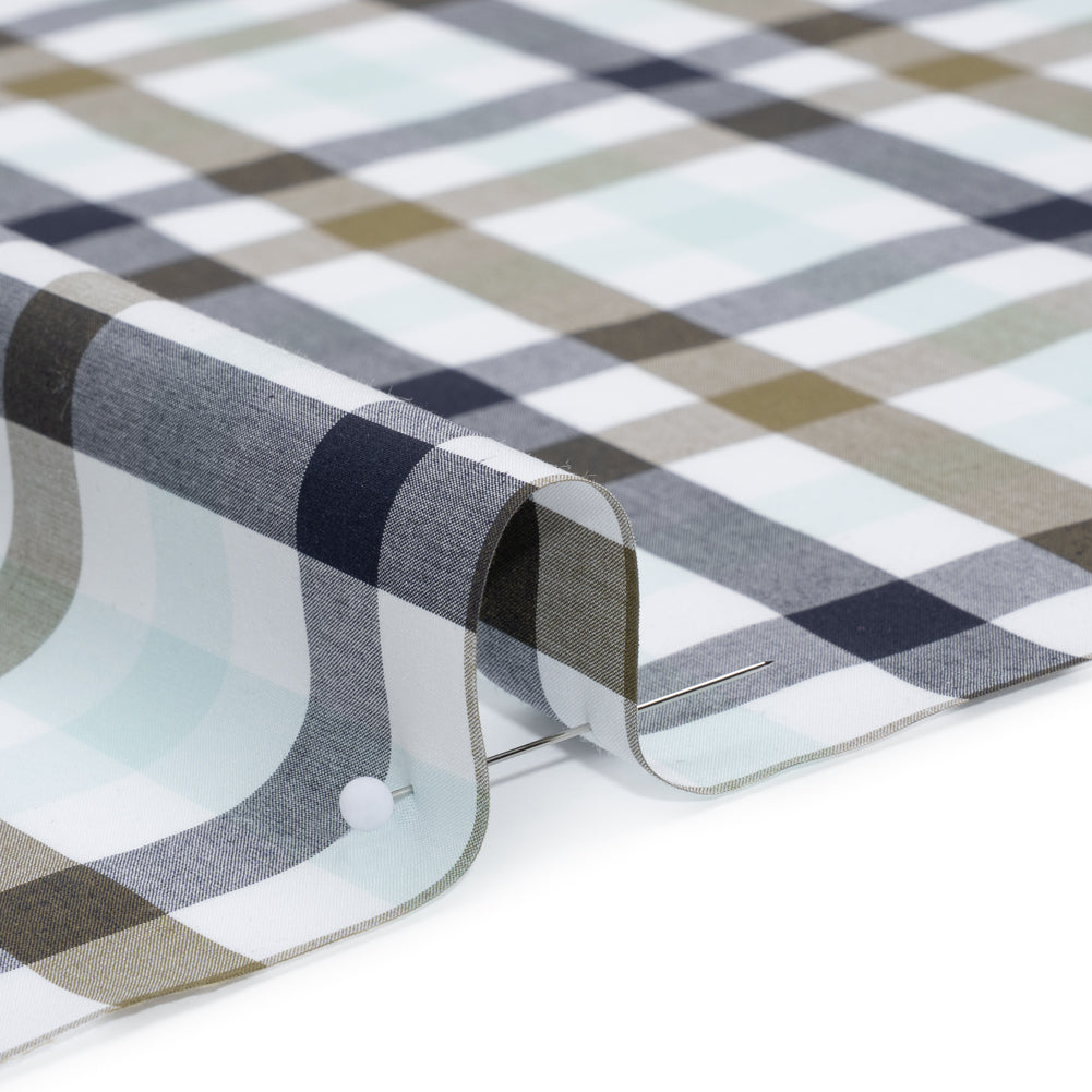 Cotton Shirting - Khaki, Navy and Light Aqua Blue Plaid - Deadstock
