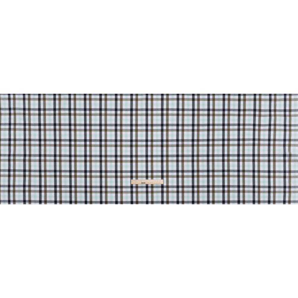 Cotton Shirting - Khaki, Navy and Light Aqua Blue Plaid - Deadstock