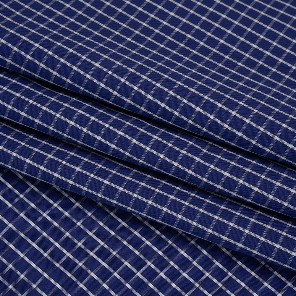 Cotton Shirting - Cobalt Blue and White Little Windowpane Checks - Deadstock