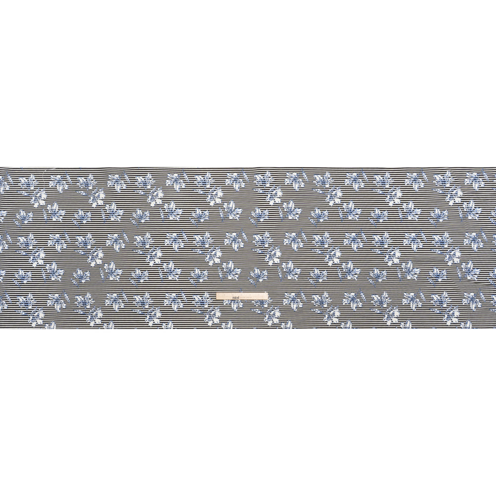 Stretch Rayon and Polyester Twill - Black, White and Blue Flowers over Stripes - Deadstock