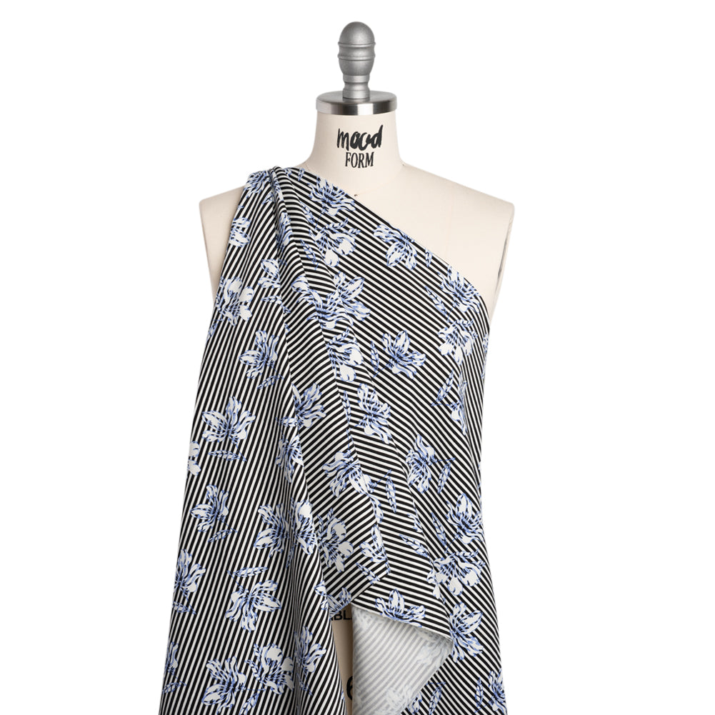 Stretch Rayon and Polyester Twill - Black, White and Blue Flowers over Stripes - Deadstock