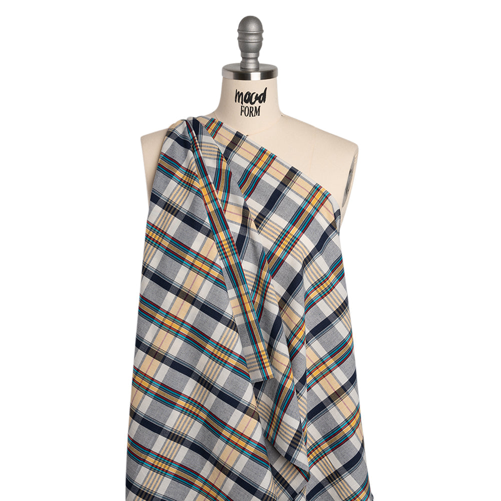 Cotton Shirting - Navy Blue, Yellow and Red Plaid - Deadstock