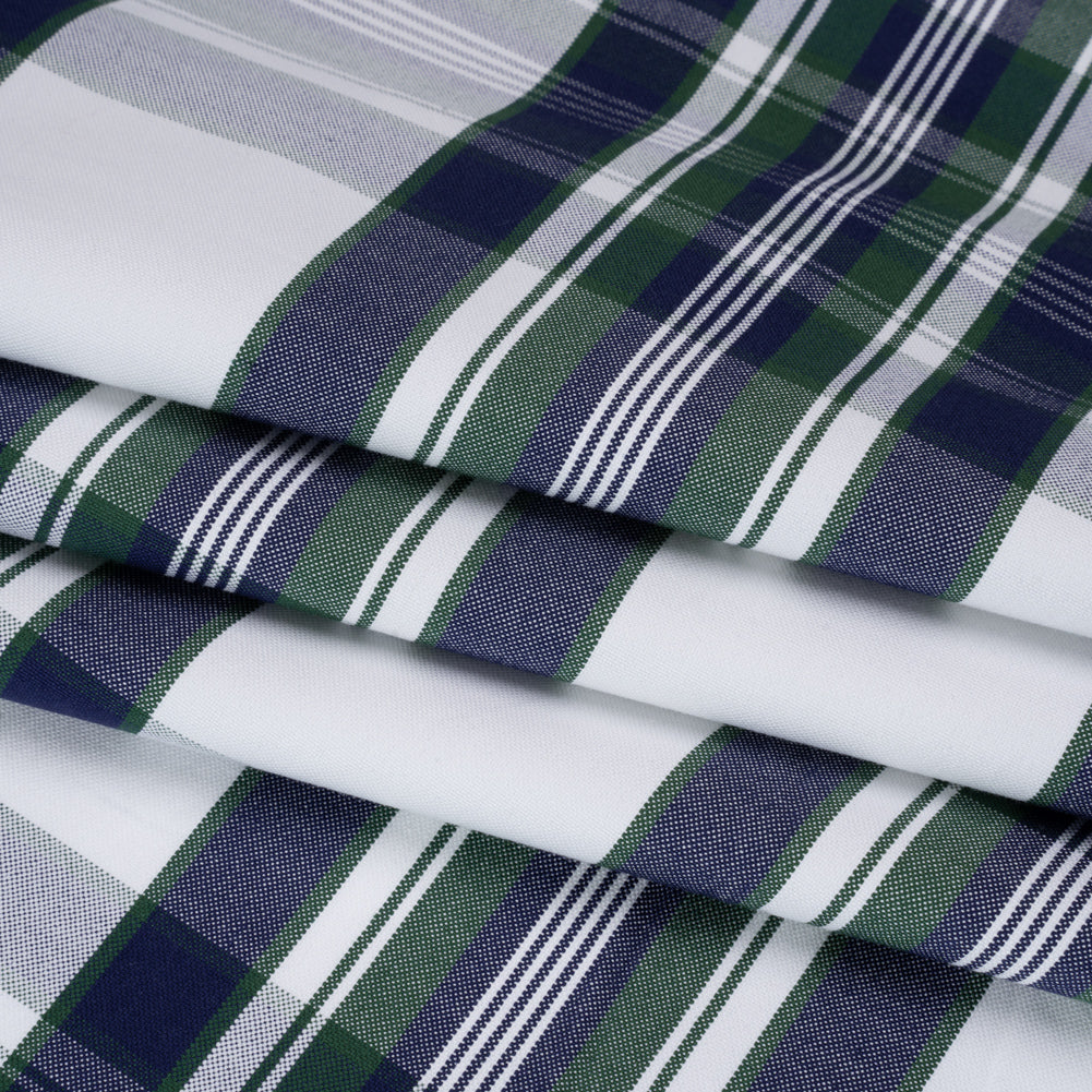 Cotton Oxford Shirting - Navy, Dark Green and White Plaid - Deadstock