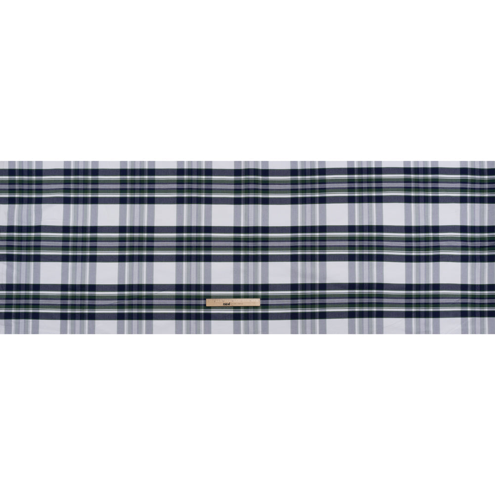 Cotton Oxford Shirting - Navy, Dark Green and White Plaid - Deadstock