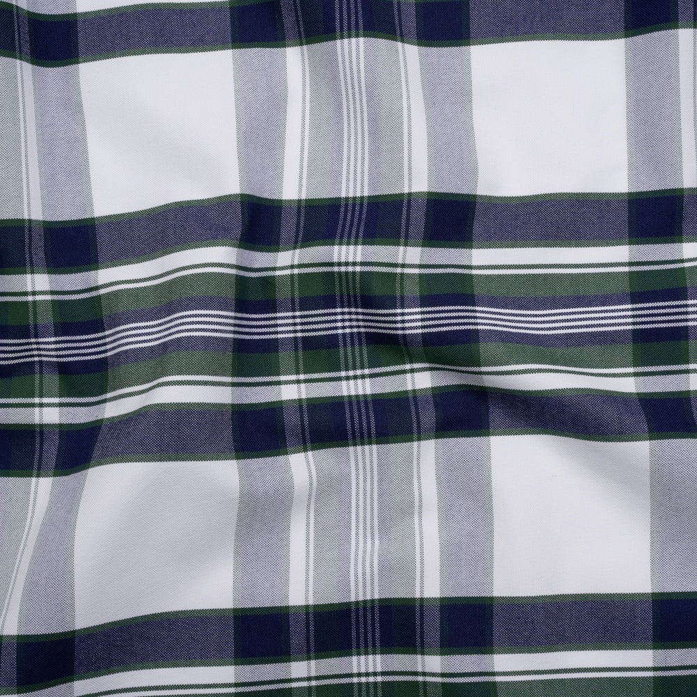 Cotton Oxford Shirting - Navy, Dark Green and White Plaid - Deadstock