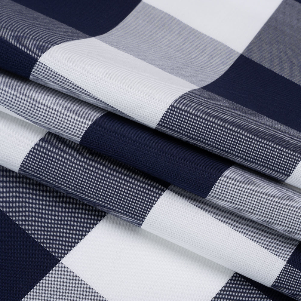 Cotton Oxford Shirting - Dark Blue and White Buffalo Check - Deadstock