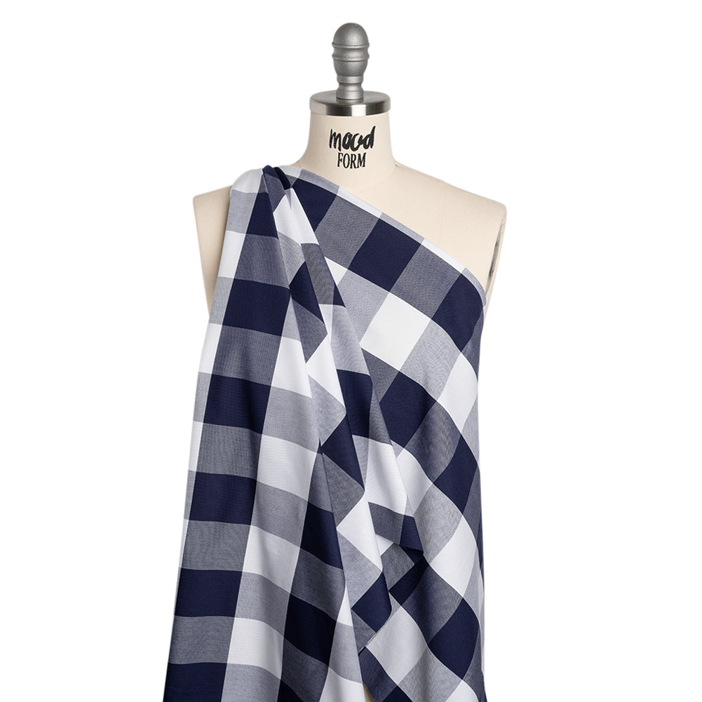 Cotton Oxford Shirting - Dark Blue and White Buffalo Check - Deadstock