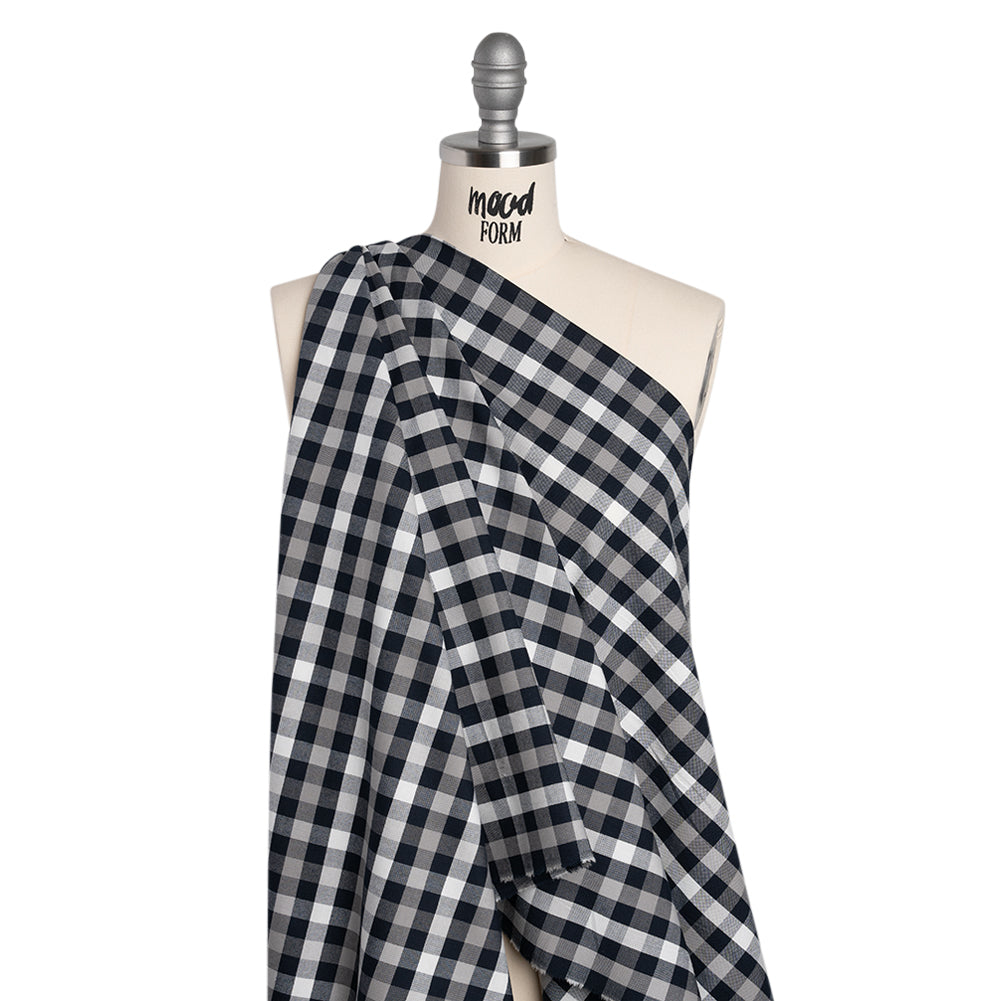 Cotton Oxford Shirting - Navy, Gray and White Checks - Deadstock
