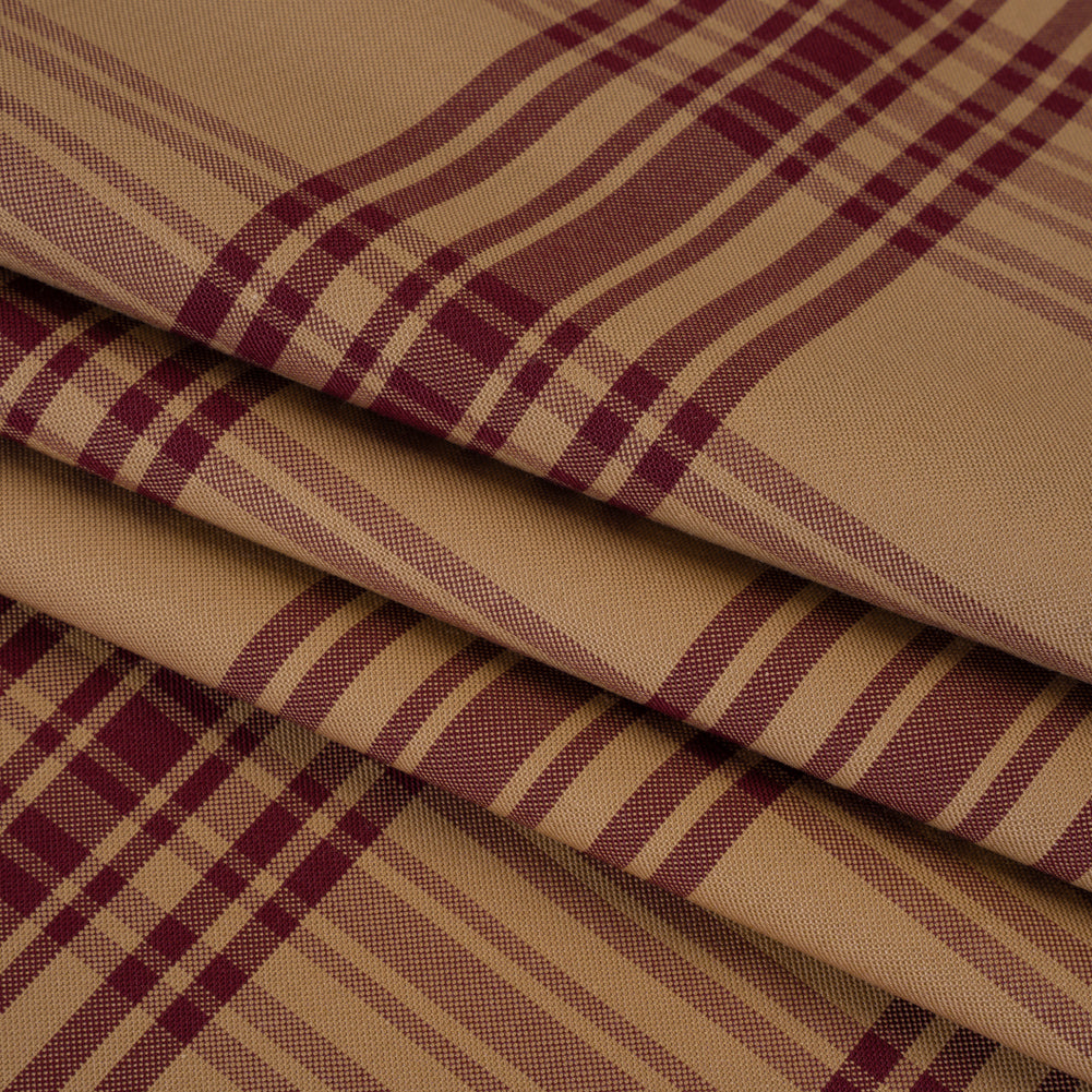 Cotton Oxford Shirting - Tan and Burgundy Plaid - Deadstock