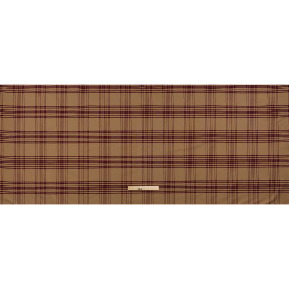 Cotton Oxford Shirting - Tan and Burgundy Plaid - Deadstock