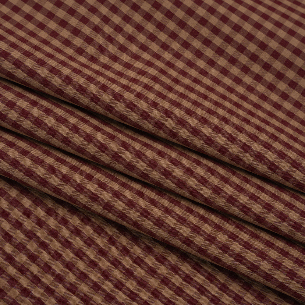 Cotton Shirting - Burgundy and Tan Checks - Deadstock