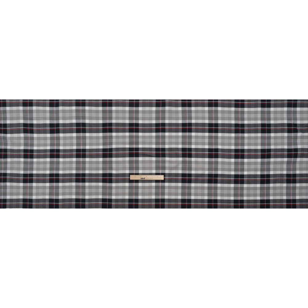 Cotton Oxford Shirting - Black, White and Red Plaid - Deadstock