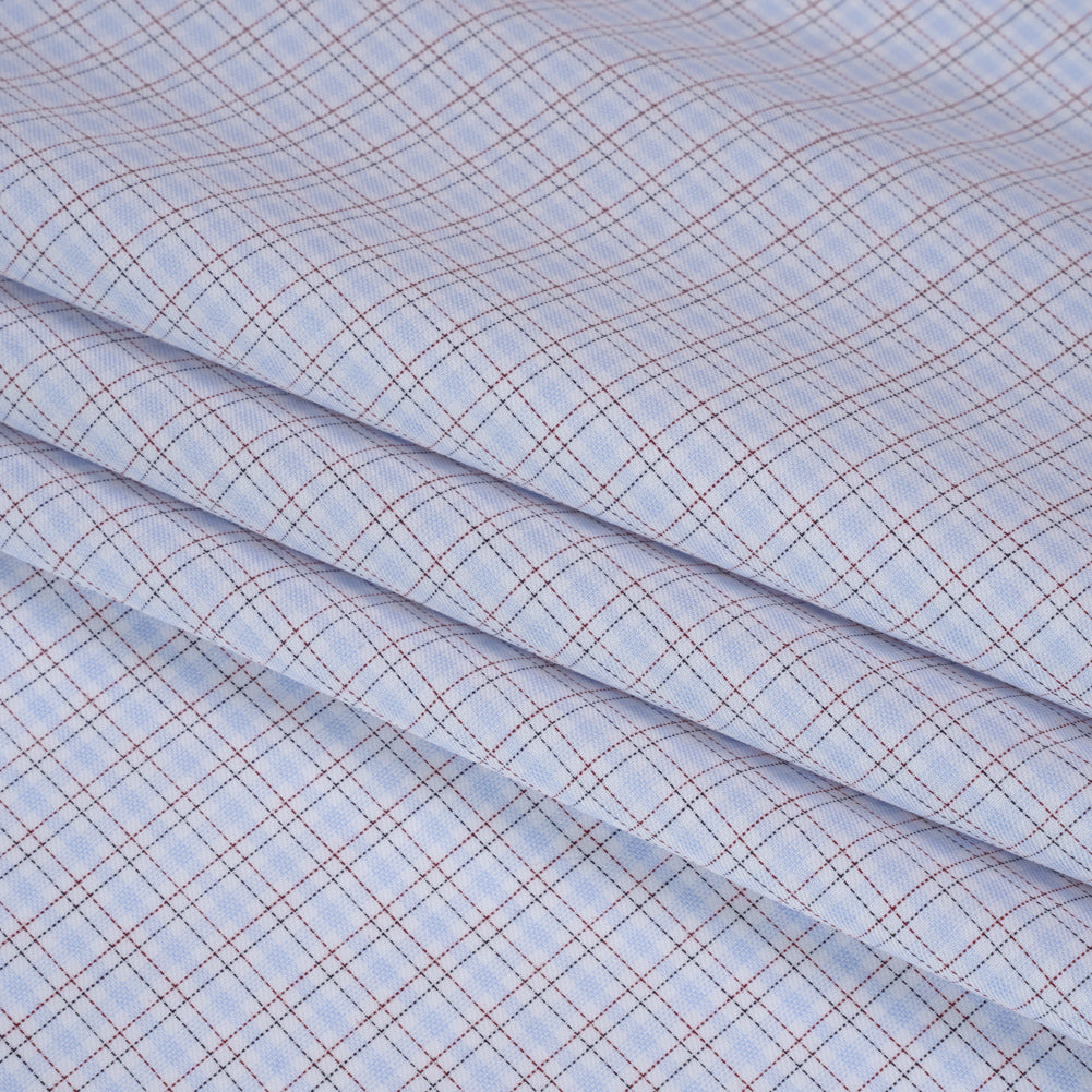 Cotton Twill Shirting - Pastel Blue, White and Burgundy Tattersall Check-Like Plaid - Deadstock