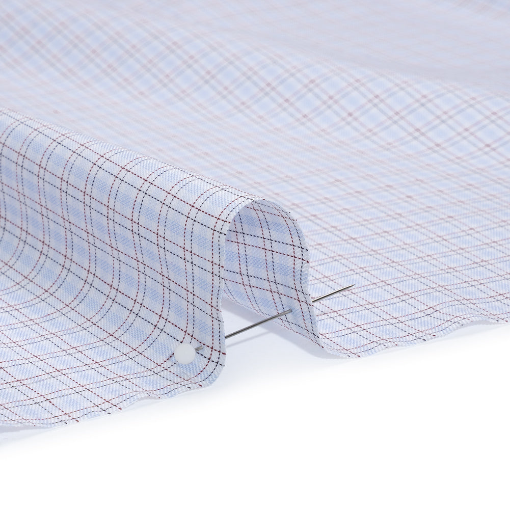 Cotton Twill Shirting - Pastel Blue, White and Burgundy Tattersall Check-Like Plaid - Deadstock