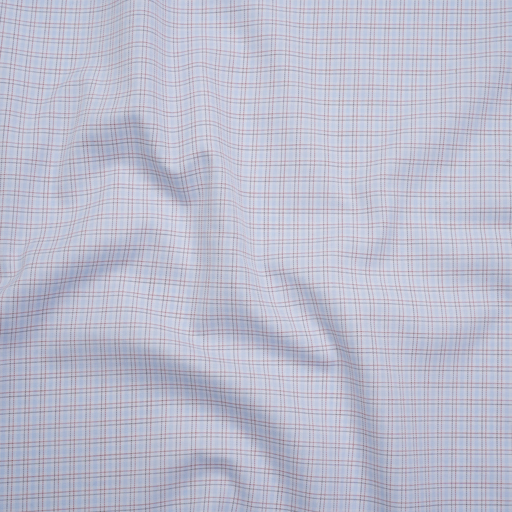 Cotton Twill Shirting - Pastel Blue, White and Burgundy Tattersall Check-Like Plaid - Deadstock