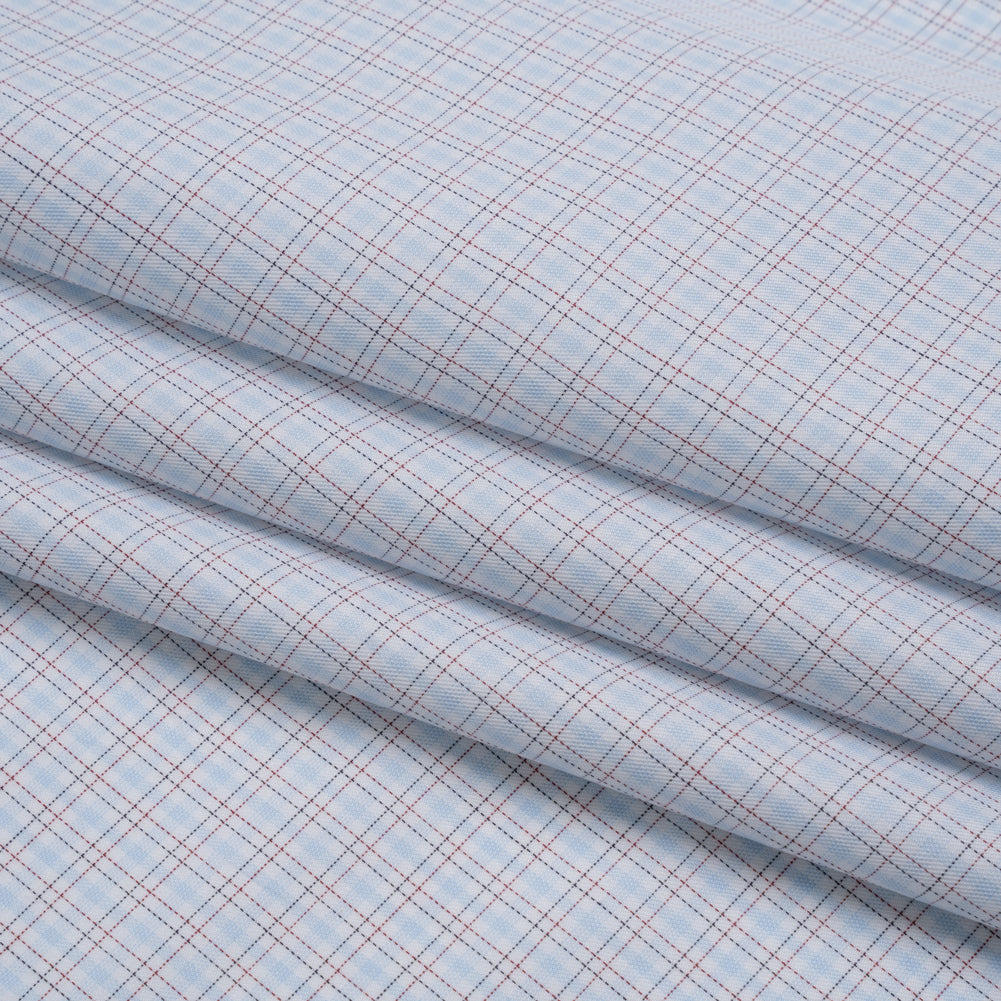 Cotton Twill Shirting - Light Blue, White and Black Tattersall Check-Like Plaid - Deadstock