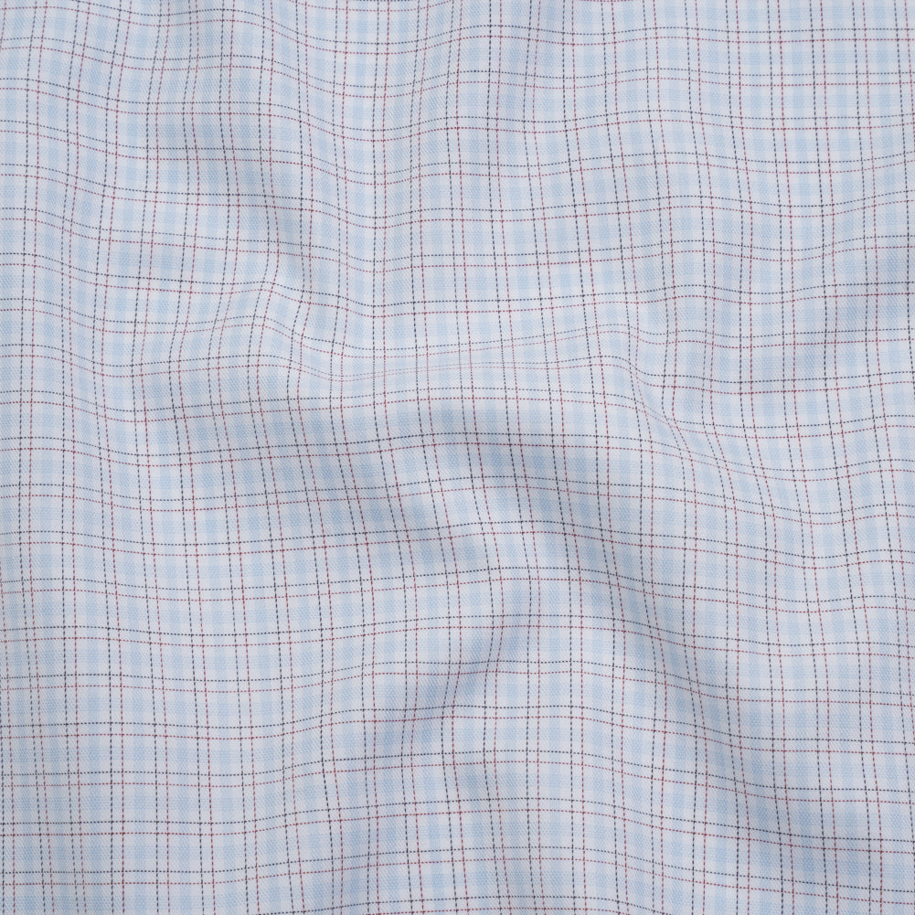 Cotton Twill Shirting - Light Blue, White and Black Tattersall Check-Like Plaid - Deadstock