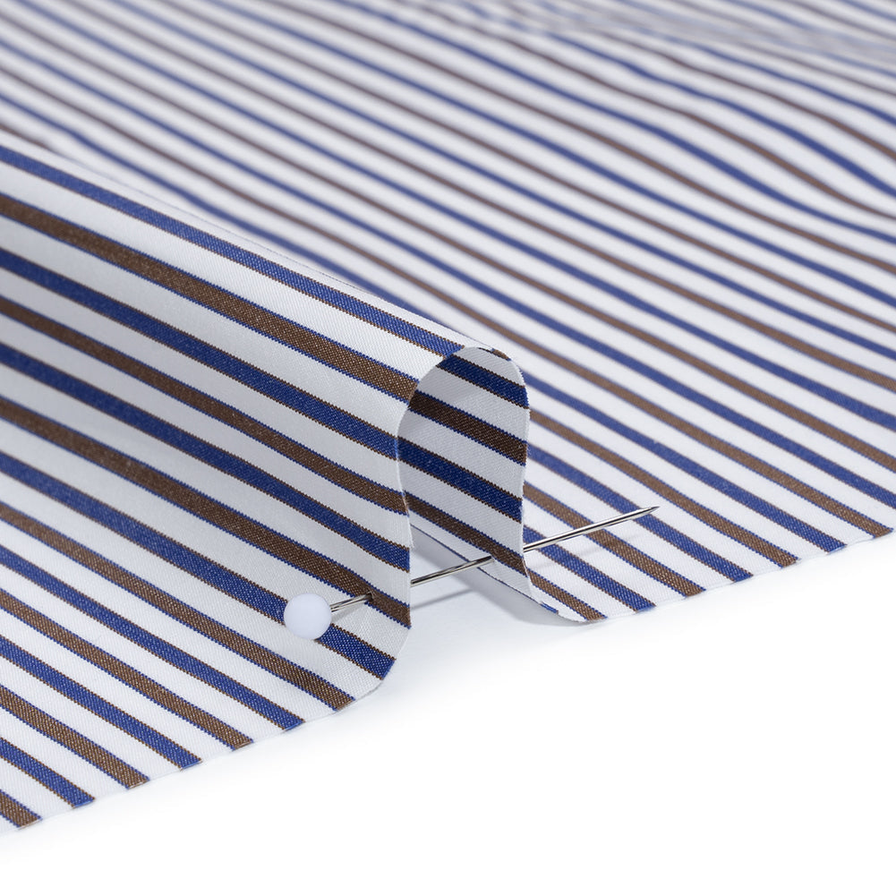 Cotton Shirting - Blue, Brown and White Stripes - Designer Deadstock