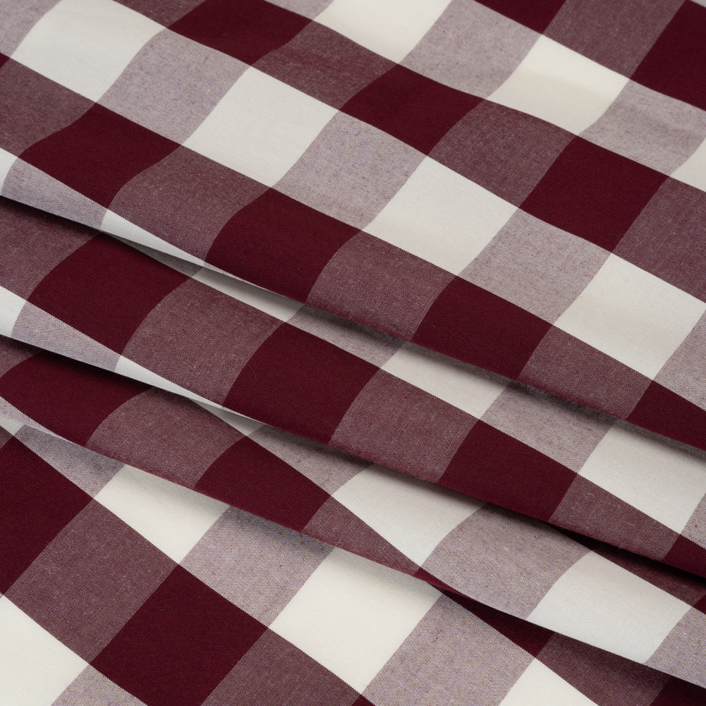 Cotton Shirting - Burgundy and Cream Buffalo Check - Deadstock