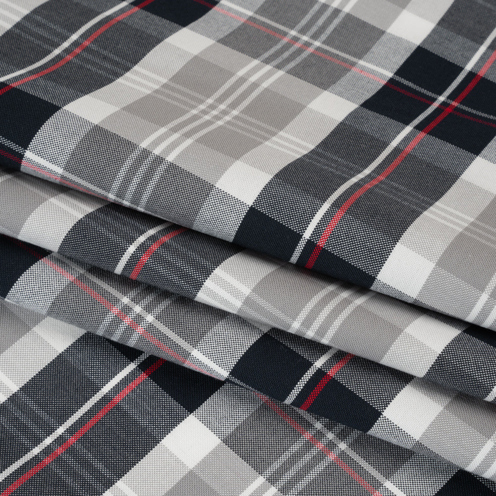 Cotton Oxford Shirting - Midnight Navy, Light Gray and Red Plaid - Deadstock