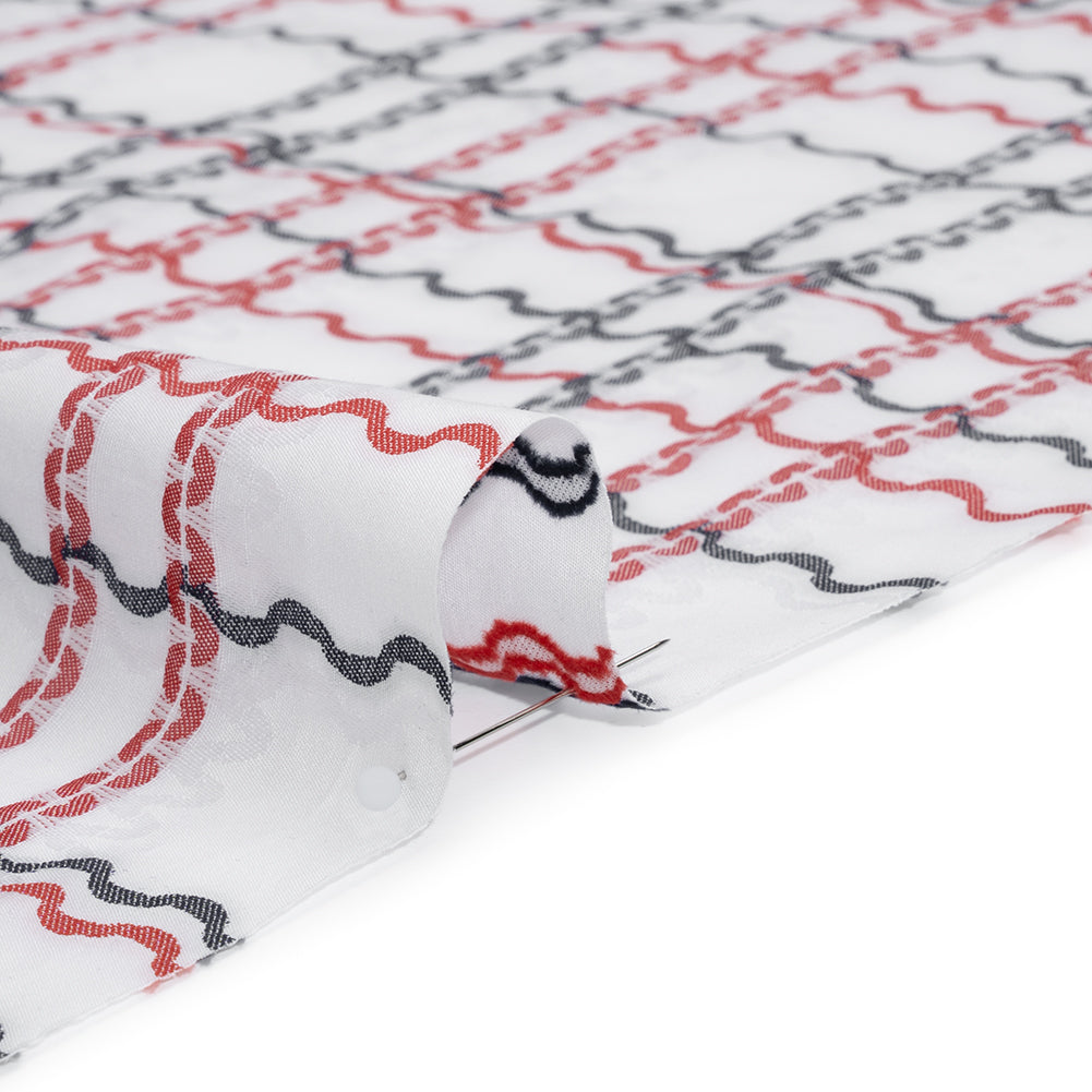 Cotton Jacquard Shirting - Navy, Red and White Wavy Lines Plaid - Deadstock