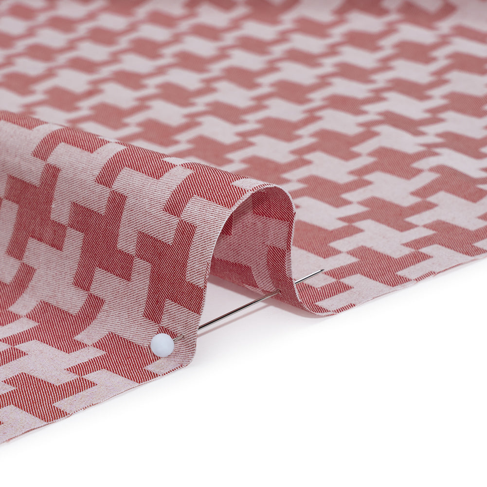 Cotton Twill Shirting - Red and White Geometric Houndstooth - Deadstock