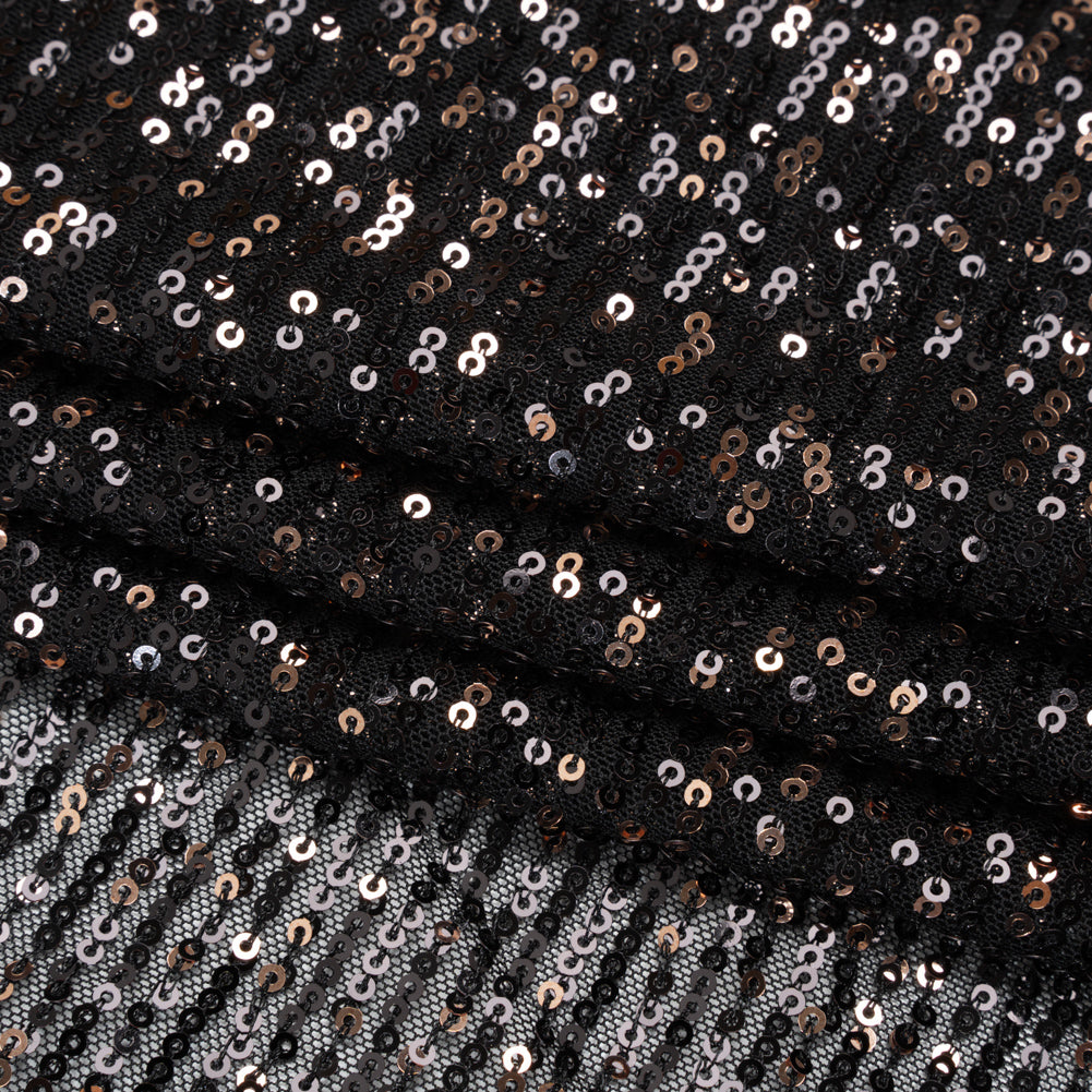 Stretch Polyester Mesh with Baby Sequins - Black and Gold Stripes - Designer Deadstock
