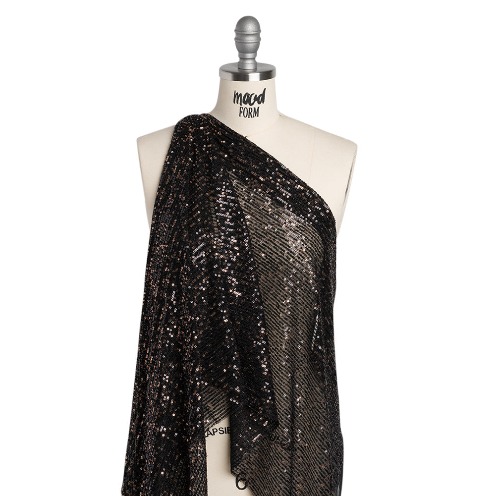 Stretch Polyester Mesh with Baby Sequins - Black and Gold Stripes - Designer Deadstock