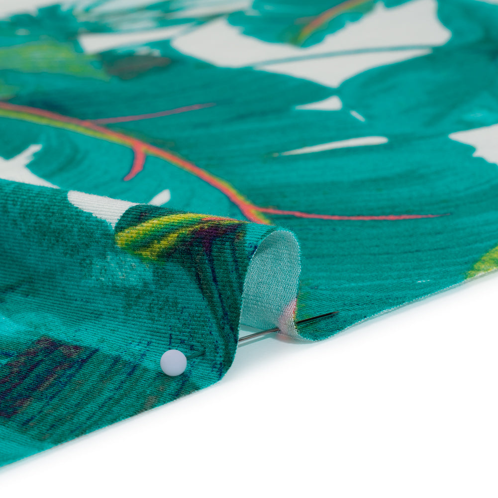 Stretch Rayon Jersey Print - Ocean Green, Lime and Pink Lush Tropical Leaves - Designer Deadstock