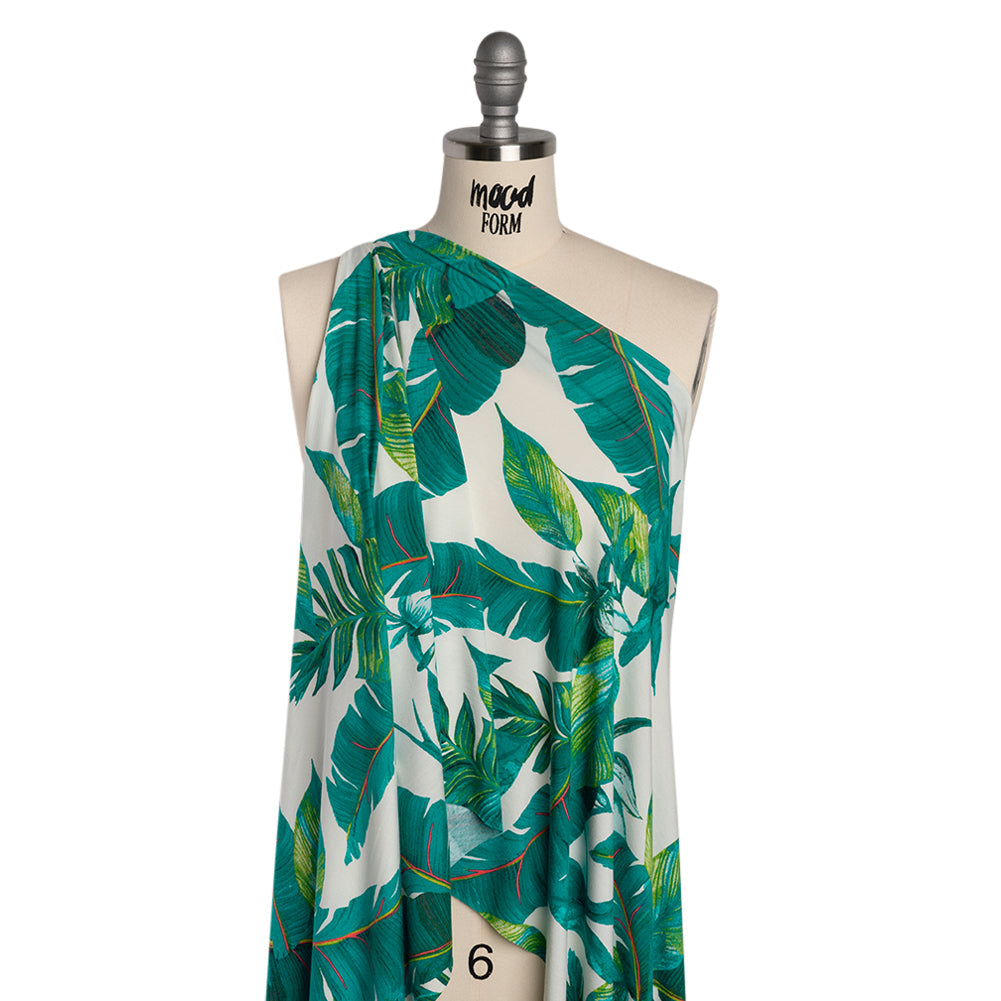 Stretch Rayon Jersey Print - Ocean Green, Lime and Pink Lush Tropical Leaves - Designer Deadstock