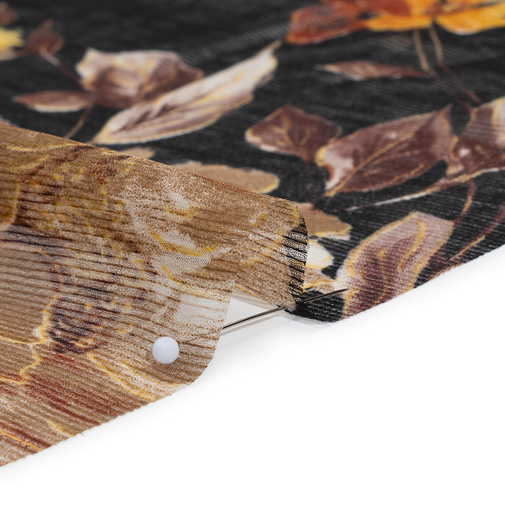 Polyester Chiffon Print with Textured Pinstripes - Black, Yellow and Orange Floral - Designer Deadstock